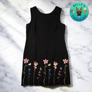 Linen Dress Black Sleeveless Tank Floral Butterfly Embroidered Sundress Size 10
